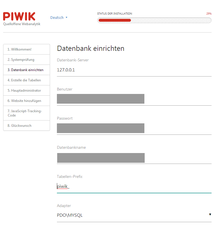 PIWIK Datenbank einrichten