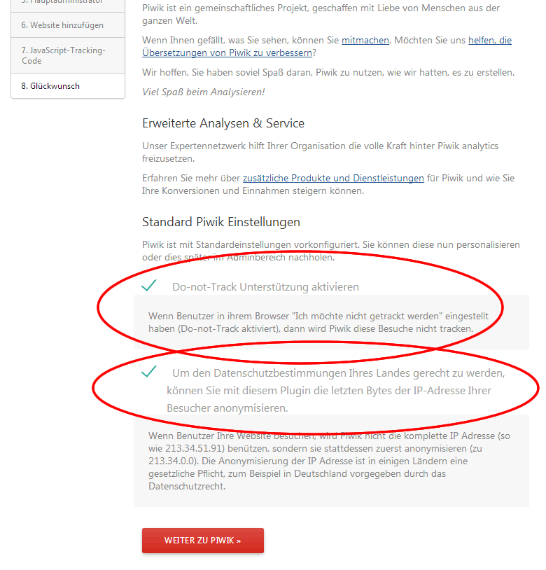 PIWIK Standard Datenschutz Einstellungen