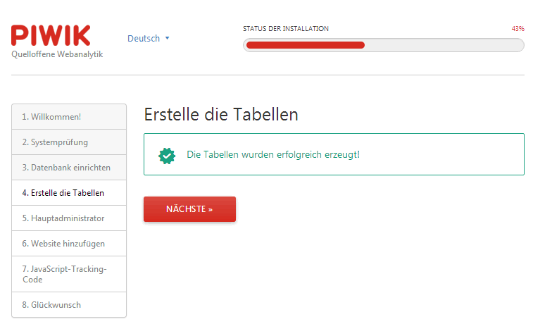 PIWIK Datenbanktabellen erfolgreich eingerichtet